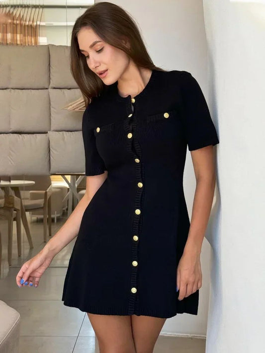 Trendix Elegant Knit Mini Dress Women Street Slim High Waist Short Sleeve Rib Sw