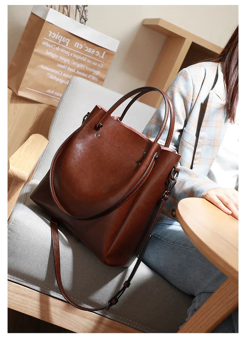 Women's Cow Genuine Leather Handbags Lady Vintage Retro Cowhide shoulder Bag Ladies Luxury large capacity multiple Pockets Lady