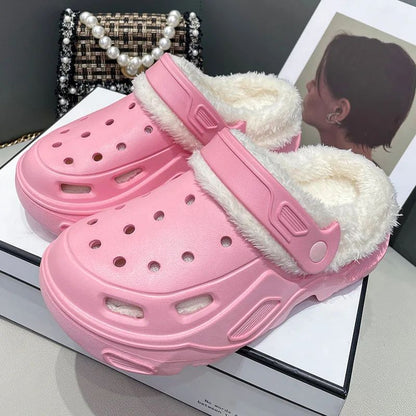 Plush slippers 2025 new winter men's and women's thick high heels soft-soled beach garden shoes home plush ripped slippers