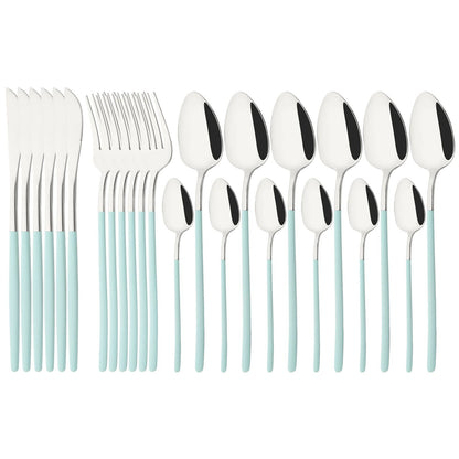 24Pcs Stainless Steel Dinnerware Set Kitchen Fork Spoon Knife Dinner Cutlery Set White Silver Western Flatware Tableware Set