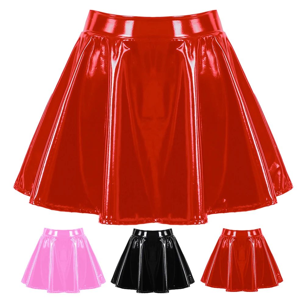 Women Glossy Patent Leather Flared Miniskirt Dance A Line Skirt Clubwear Cosplay Costume Retro Style Elastic Waistband