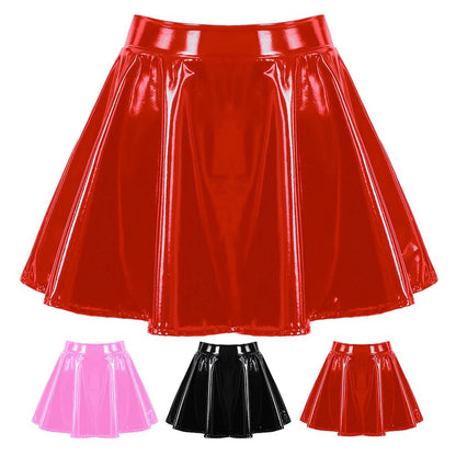 Women Glossy Patent Leather Flared Miniskirt Dance A Line Skirt Clubwear Cosplay Costume Retro Style Elastic Waistband
