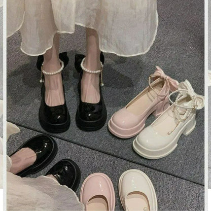 Women Thick Platform Mary Janes Lolita Shoes Party Pumps Summer 2024 New High Heels Sandals Bow Chain Mujer Shoes Oxford Zapatos