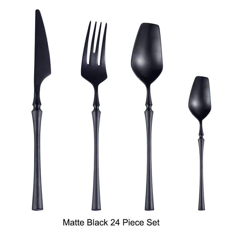 Conjunto de Talheres 24 Peças Aço Inox Fosco Preto Dourado Jogo de Talheres de Mesa Faca Colher Garfo Lavável em Lava-louças