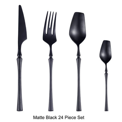 Conjunto de Talheres 24 Peças Aço Inox Fosco Preto Dourado Jogo de Talheres de Mesa Faca Colher Garfo Lavável em Lava-louças