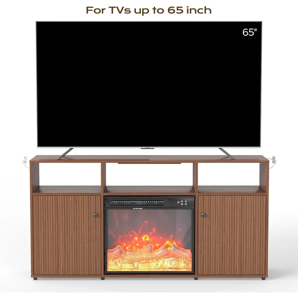 Mid Century Modern Electric Fireplace, TV Stand for Living Room and Bedroom, Retro Entertainment Center for 55 60 65 Inch TVs, 5