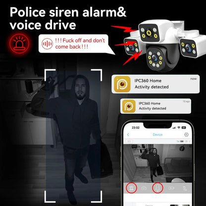 PEGATAH 6K 12MP Outdoor WiFi Camera Three Screen Three Lens 10X Zoom PTZ Automatic Tracking Audible Visual Alarm Security Cam