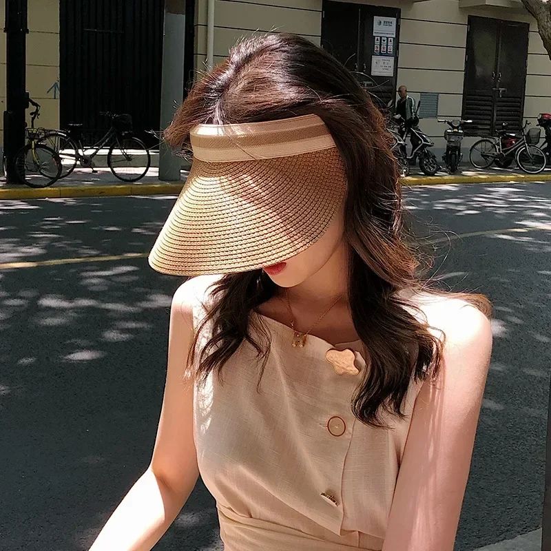 2025 New Summer Outdoor Visor Cap Casual Shade Hat Straw Wide Empty Top Sun Hat Anti Uv Female Large Brim Beach Sunhat Lady