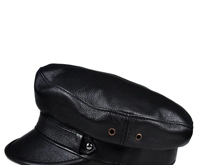 Chapéus Masculinos/Femininos de Inverno em Couro Genuíno Azul-Marinho Unissex Europeu/Americano Streetwear Bonés Pretos Ajustados com Cinto Outdoor Gorro