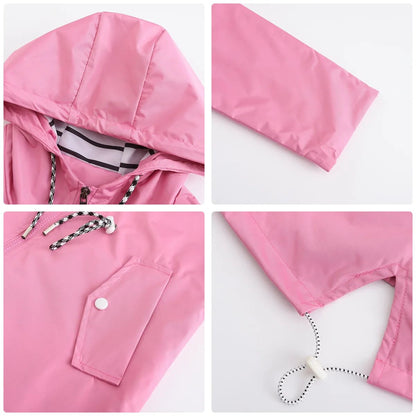 Blue Waterproof Hooded Jacket Women Fashion Casual Coat Waist Drawstring Tie Zipper Switch Red Green Yellow Black Windbreaker