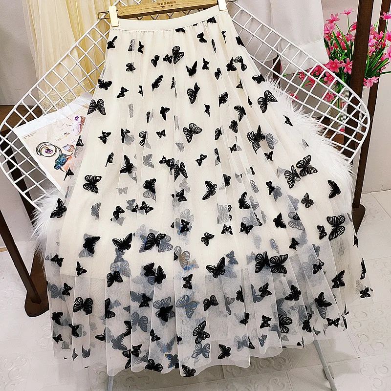 Butterfly Flocking Tulle Long Skirt Women Aesthetic Casual A Line Elastic High Waist Midi Mesh Skirt Female Black
