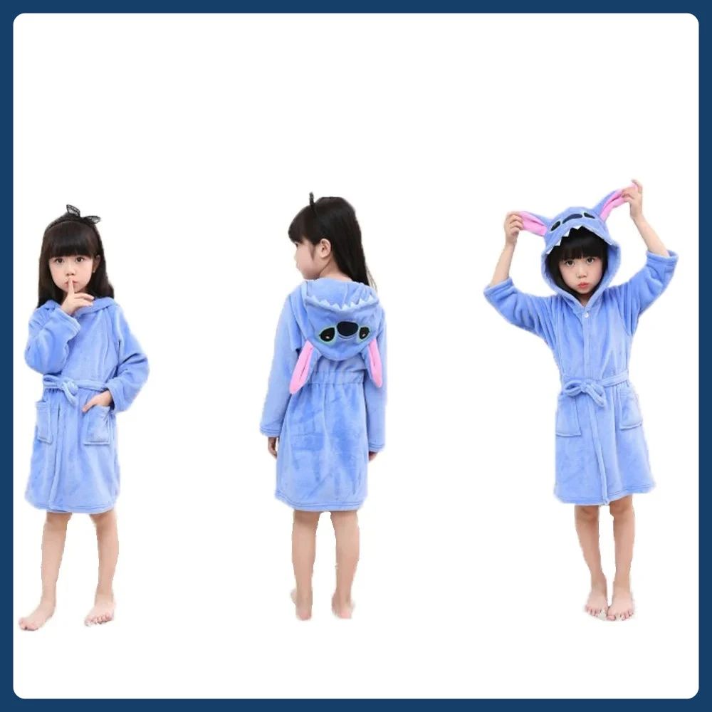 Roupão Disney Stitch Infantil Menina Pijama 3 4 5 6 7 Anos Azul Flanela Inverno Crianças Pijama Meninos Robe