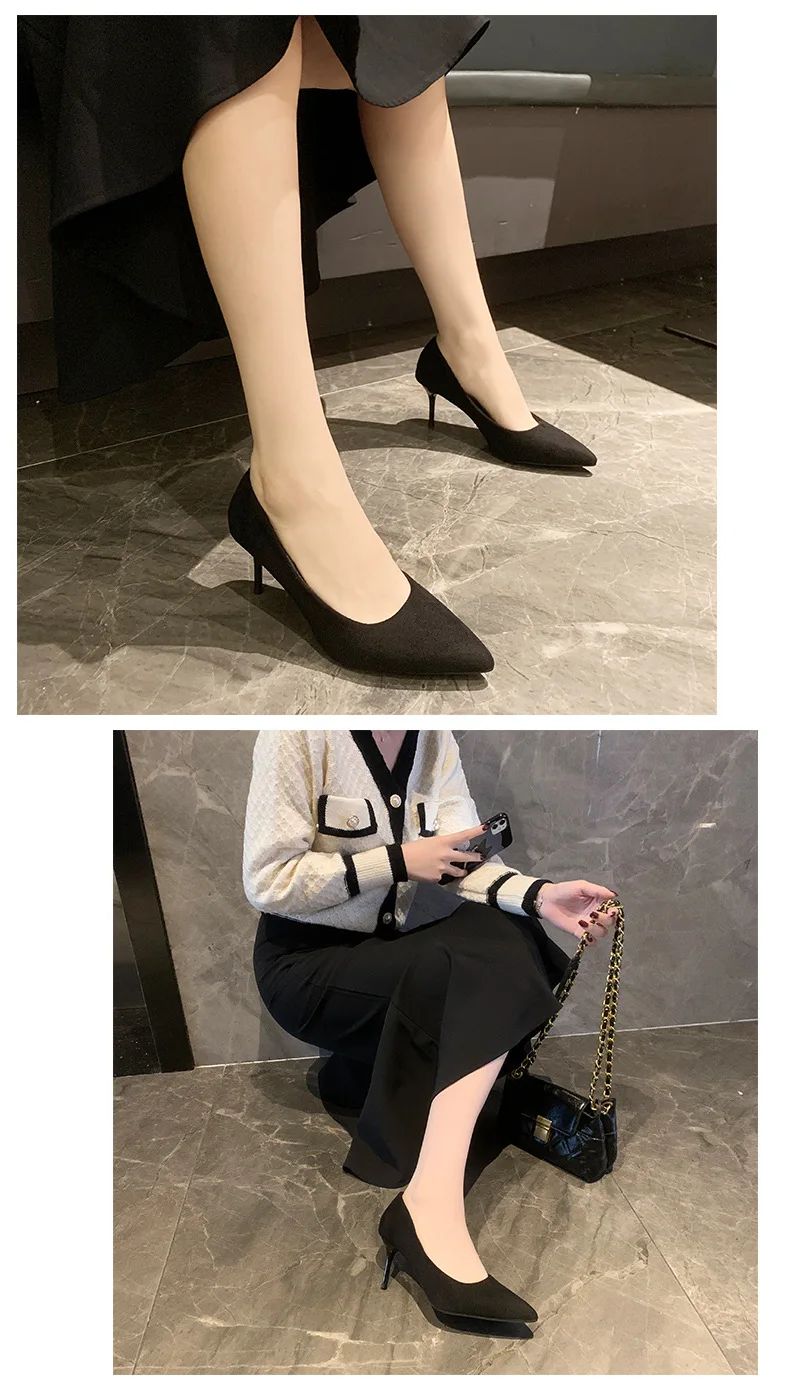 Primavera e outono novos sapatos femininos de salto alto preto, boca rasa pontiaguda fina com temperamento sexy, sapatos únicos, Zapatos De Mujer