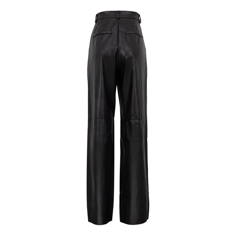 Women's Trousers Spring Fashion PU Leather Mid High Waist Lifting Hip Straight Leg Casual Women's Pants