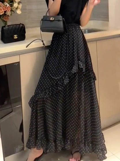 Plus Size Black Polka Dot Print Asymmetrical Hem Loose Women's Skirt Summer New Fashion Design Sense Midi Skirt Large Size Ha...