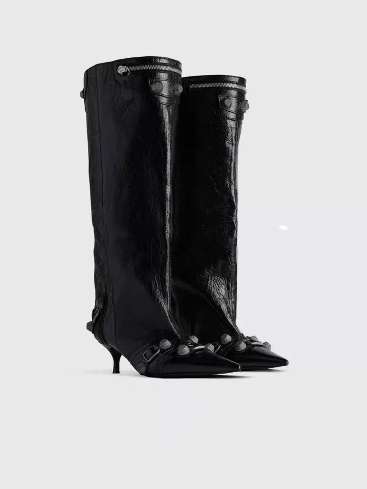 Women's Sexy Stiletto High Heels with Rivet Decoration, Wide Barrel Knee Length Boots, European and American Fashion Show Boots