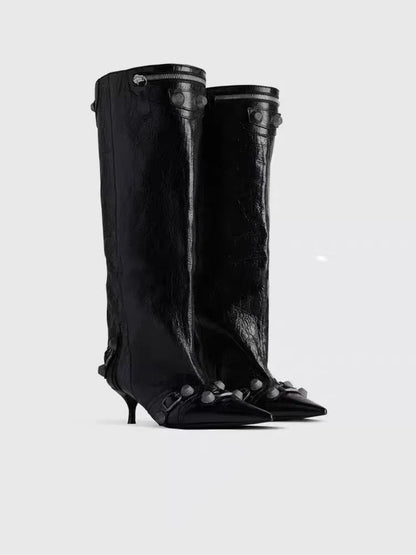Women's Sexy Stiletto High Heels with Rivet Decoration, Wide Barrel Knee Length Boots, European and American Fashion Show Boots