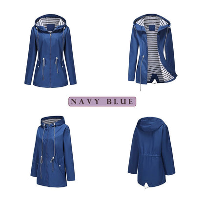 Blue Waterproof Hooded Jacket Women Fashion Casual Coat Waist Drawstring Tie Zipper Switch Red Green Yellow Black Windbreaker