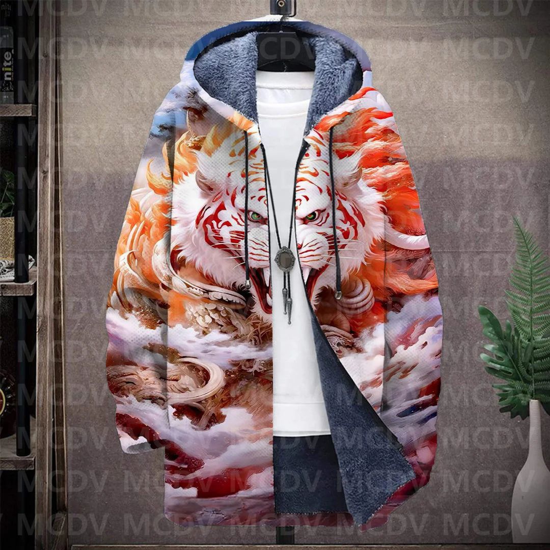 Men's Retro Print Plush Thick Long-Sleeved Coat Cardigan Tiger 3D Prined Fleece Hooded Overcoat Unisex Thick Warm Jacket
