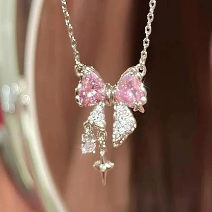 Colares de Pingente de Laço de Cristal Rosa Fada da Moda Y2K Meninas Doce Strass Coração Clavícula Cadeia Mulheres Jóias Presentes