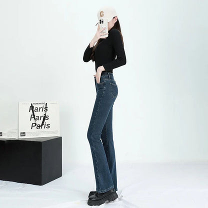 Winter Female Thin Snow Warm Plush Jeans Lady Chic Fleece Flared Pants Girls Korean High Waist Straight Leg Denim Trousers