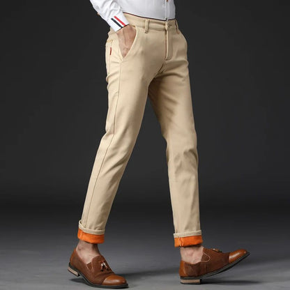 Winter Men Korean Fashion Straight Leg Pants Winter Snow Warm Thermal Thicken Casual Pants New Fleece Slim Fit Business Trousers