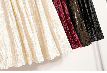 Autumn Winter Girls New A-line Velvet Skirt 2025 Plus Size Gold Velvet Half Pleated Skirt Solid Versatile High Waist Mid Skirt