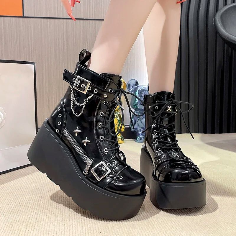 New Gothic Style Platform Vampire Cosplay Women Mid-calf Boots 2024 Winter Wedges Comfy Women Motorcycle Boots Shoes