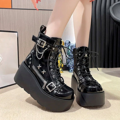 New Gothic Style Platform Vampire Cosplay Women Mid-calf Boots 2024 Winter Wedges Comfy Women Motorcycle Boots Shoes