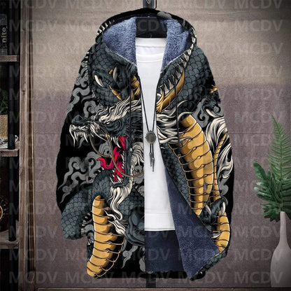 Men's Retro Print Plush Thick Long-Sleeved Coat Cardigan Dragon 3D Prined Fleece Hooded Overcoat Unisex Thick Warm Jacket