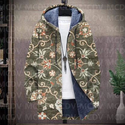 Men's Retro Flower Print Plush Thick Long-Sleeved Coat Fleece Hooded Overcoat Unisex Thick Warm Jacket-12 style