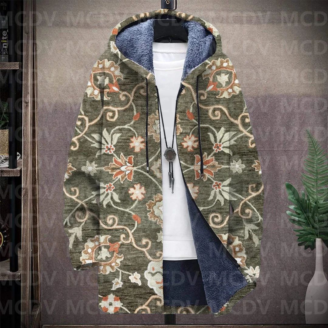 Men's Retro Flower Print Plush Thick Long-Sleeved Coat Fleece Hooded Overcoat Unisex Thick Warm Jacket-12 style