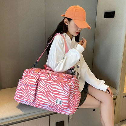 Travel Bag Women's Handbag Leopard Zebra Camouflage Waterproof Large Pull Rod Boarding Fitness Dry Wet Separation Luggage Bag