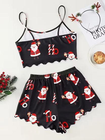 Women's Sleepwear Soft Christmas Festival Cute Gingerbread Print 2 Pieces Pajama Set Crop Tops and Shorts Loungewear
