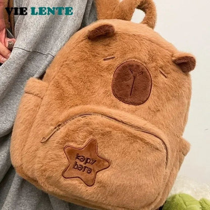 Mochila de Pelúcia Capivara Capibala para Estudantes, Mochila Casual de Pelo, Bolsa Escolar de Grande Capacidade