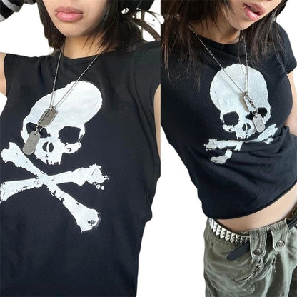 Vintage Grunge Graphic Print Short Sleeve T-Shirt Y2k Slim Crop Top Gothic Skull Punk Streetwear Women's Tee Summer Casual 90s