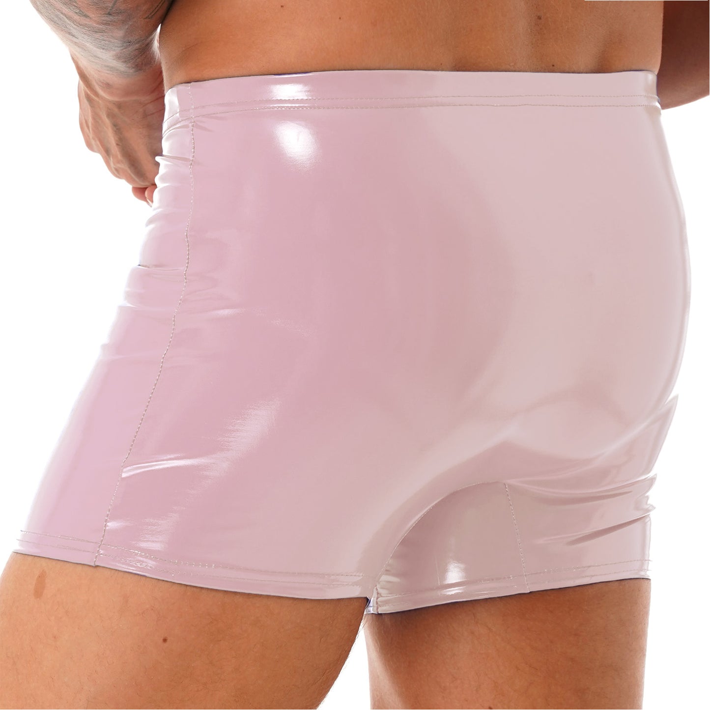 Mens Patent Leather Shorts Dance Performance Clubwear Wet Look Pants Elastic Waistband ShortsBulge Pouch Boxer Briefs Shorts