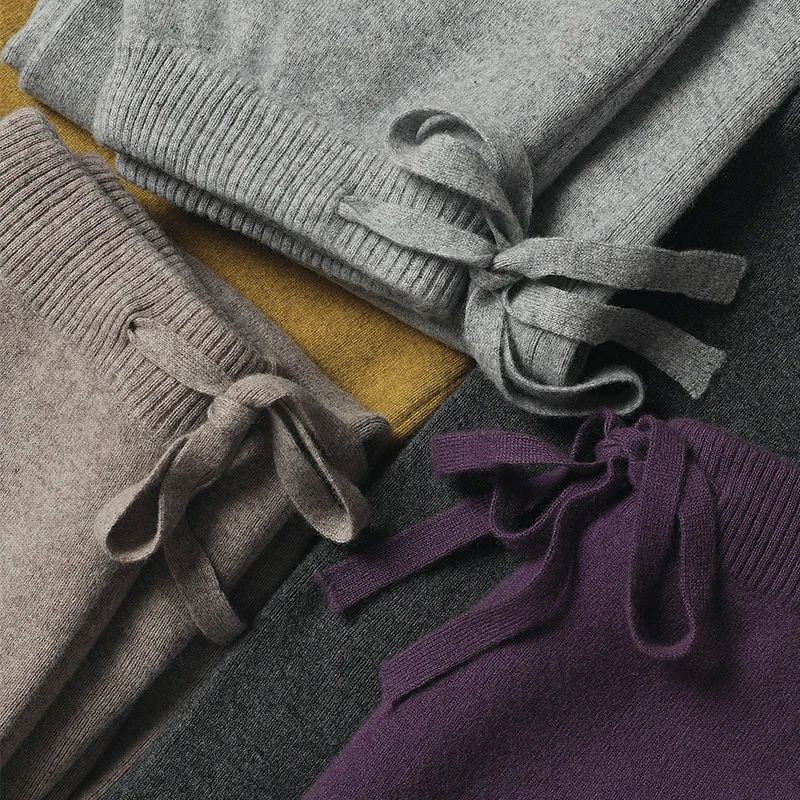 Spring Autumn Women High Waist Wool Wide Leg Pants Solid Soft Warm 100% Merino Wool Knitted Trousers Belt Casual Korean Fashion