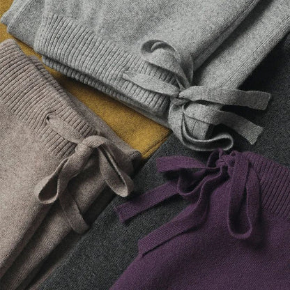 Spring Autumn Women High Waist Wool Wide Leg Pants Solid Soft Warm 100% Merino Wool Knitted Trousers Belt Casual Korean Fashion