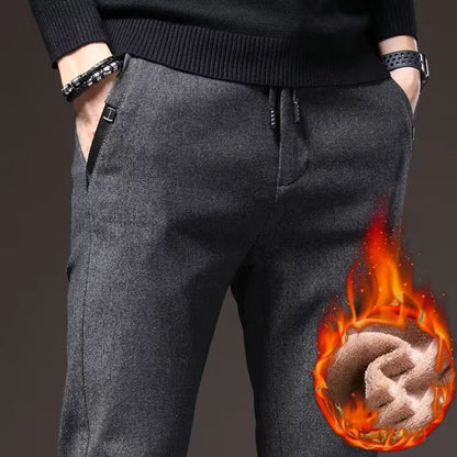 Autumn Winter Men Thermal Office Pants Straight Narrow Leg Classic Casual Pants Drawstring Tie Up Design Thicken Fleece Trousers