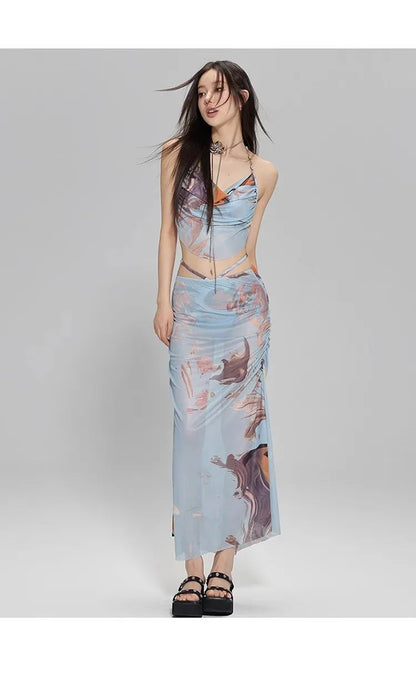 2024 New Three-Piece Bikini Set Beach Vacation Hot Spring Trip Slimming Long Skirt Separate Swimsuit Meat Concealing Photography