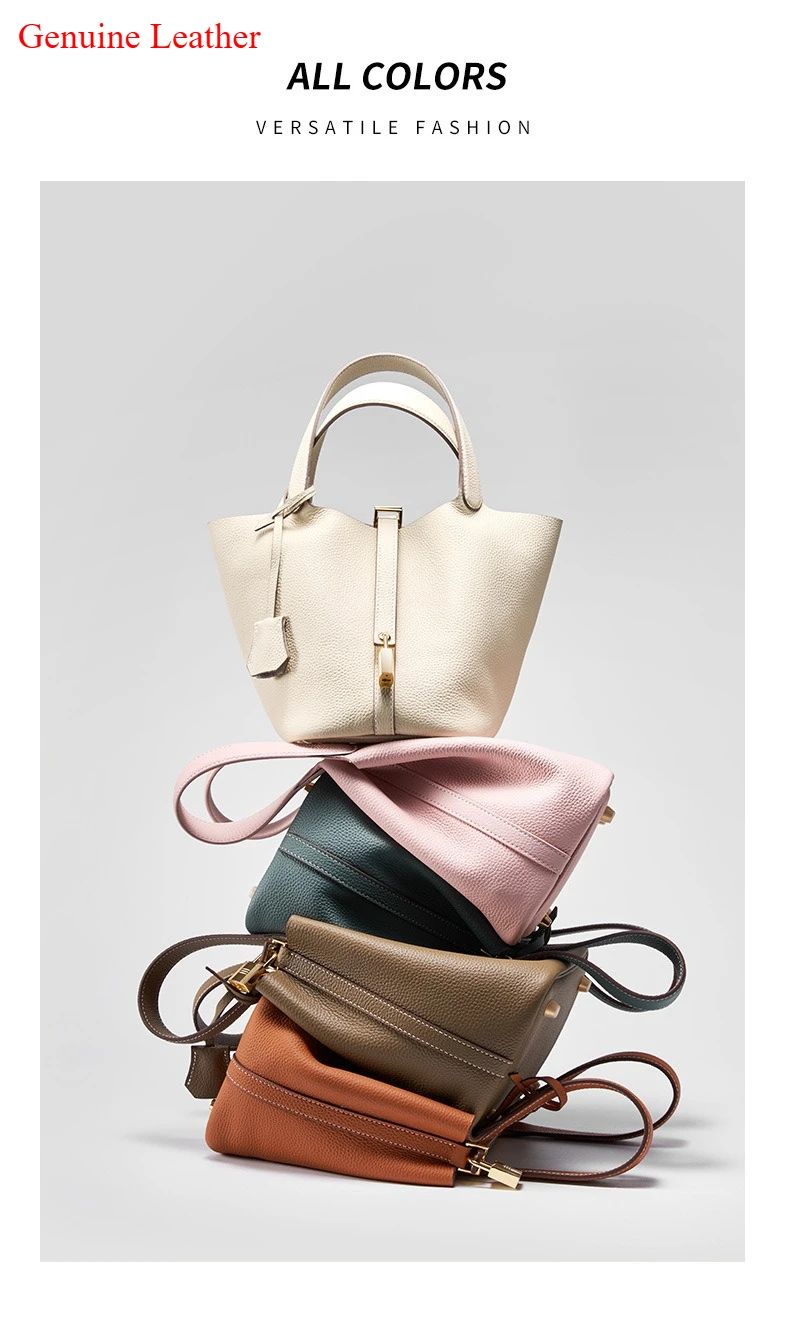 Genuine Leather Shoulder Bucket Bag Women Litchi Pattern Mini Basket Tote Soft Handbag Mommy Bride Wedding Bags with Lock
