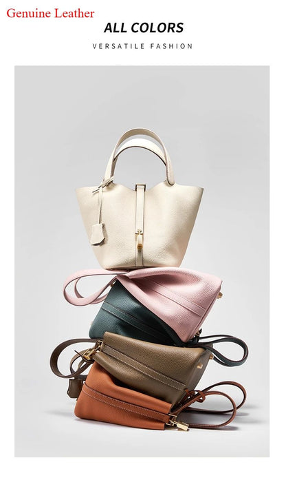 Genuine Leather Shoulder Bucket Bag Women Litchi Pattern Mini Basket Tote Soft Handbag Mommy Bride Wedding Bags with Lock