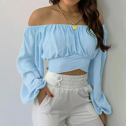 Women Sexy Off Shoulder Long Sleeve Top Self Tie Knot Crop Top Blouse Solid Color WoMen's Blouses Y2k Female Summer Shirts ????