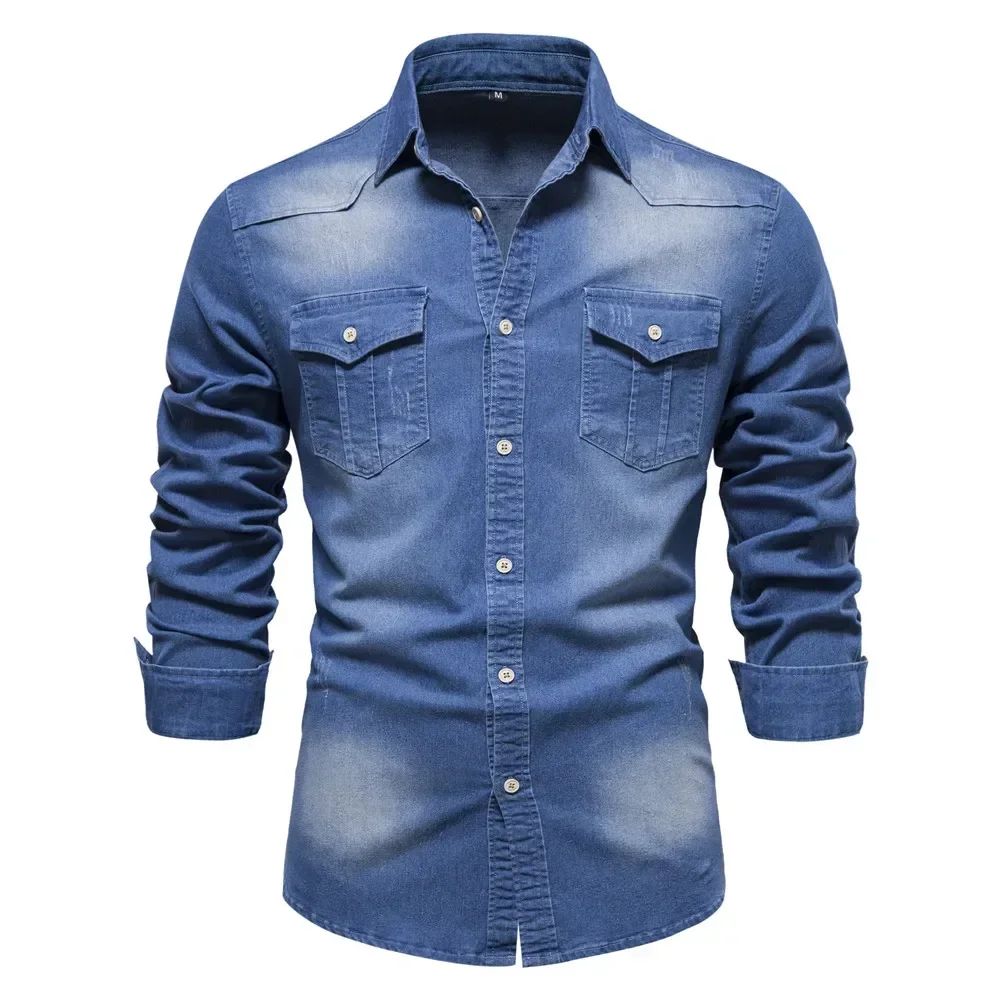 2025 Brand Elastic Cotton Denim Shirt Men Long Sleeve Quality Cowboy Shirts for Men Casual Slim Fit Mens Designer Clothing