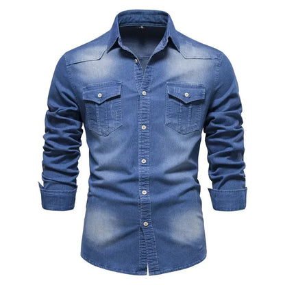 2025 Brand Elastic Cotton Denim Shirt Men Long Sleeve Quality Cowboy Shirts for Men Casual Slim Fit Mens Designer Clothing