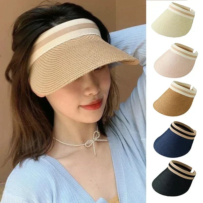 2025 New Summer Outdoor Visor Cap Casual Shade Hat Straw Wide Empty Top Sun Hat Anti Uv Female Large Brim Beach Sunhat Lady