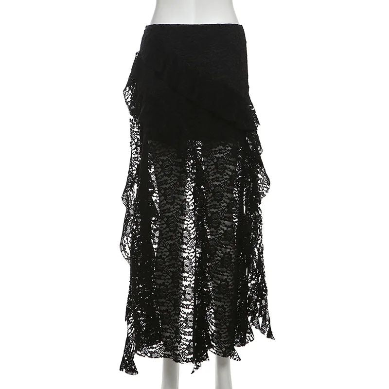 Sexy High Waist Lace Ruffles Skirts Women 2025 Spring Irregular Y2k Skirts Women Fashion Black Patchwork Party Clubwear Gothic