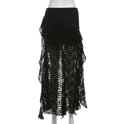 Sexy High Waist Lace Ruffles Skirts Women 2025 Spring Irregular Y2k Skirts Women Fashion Black Patchwork Party Clubwear Gothic