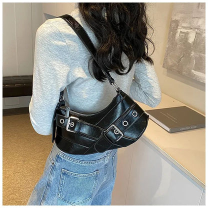 Red Vintage Shoulder Bag Y2K Belt Design PU Leather Underarm Bags for Women Trend Hot Cool Girl Crossbody Bag Punk Style Handbag